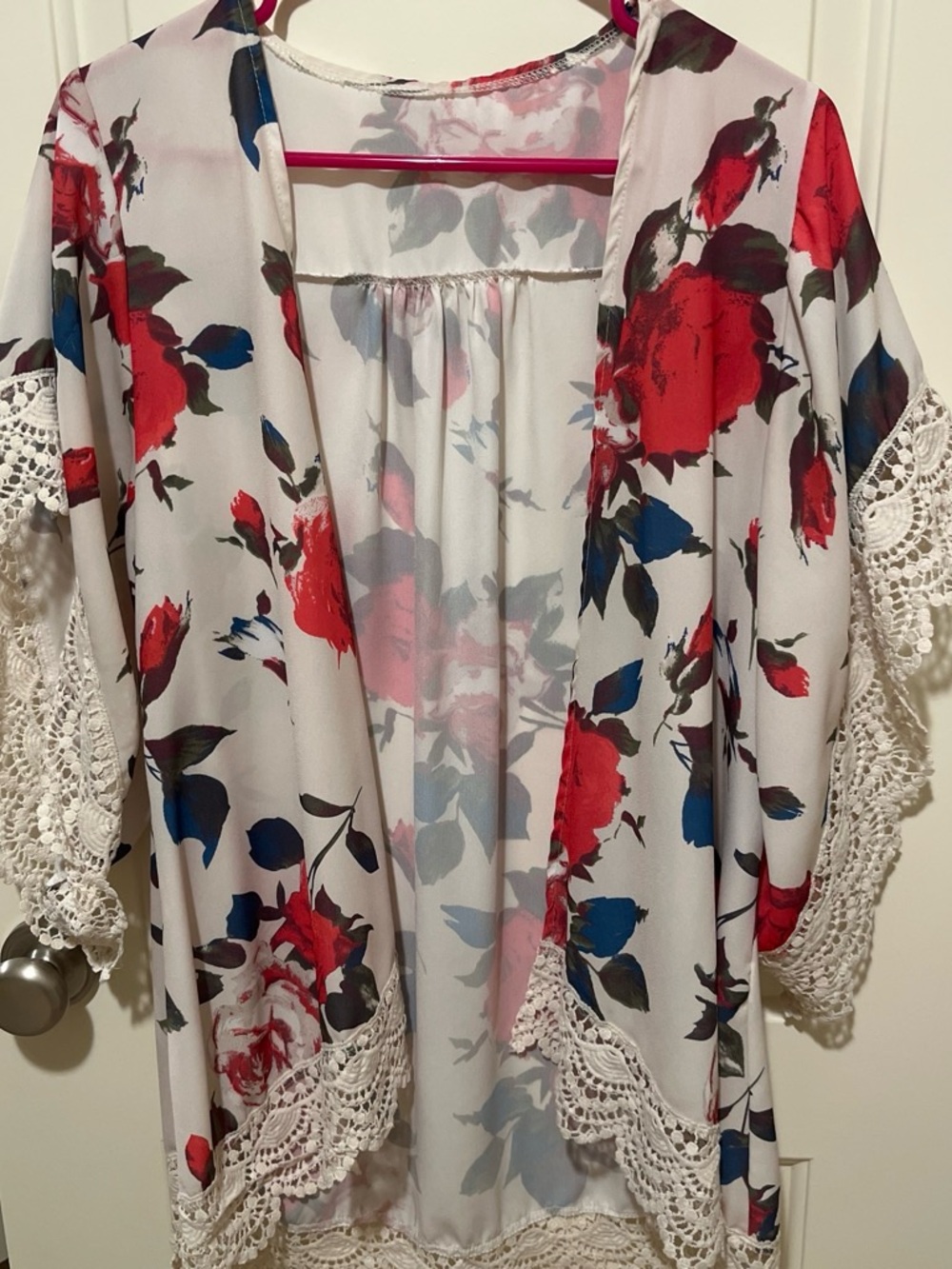 Floral Lace-Trim Sheer Kimono Cardigan - Red & Blue Roses
